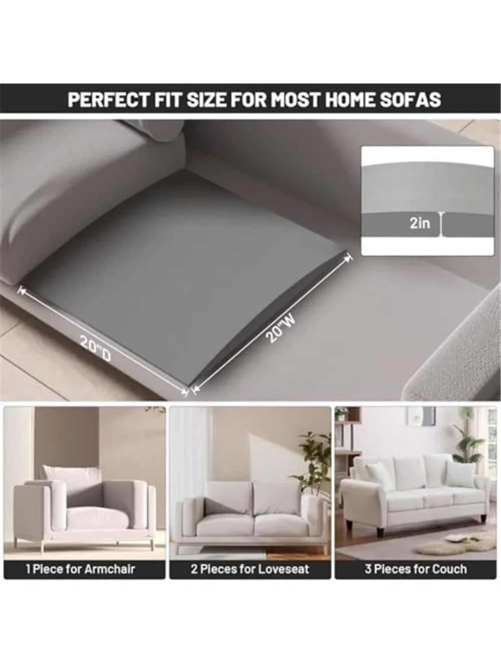 Couch Cushion Support 3Pack High Density Foam Sagging Sofa Seat Repair 20x2 Grey